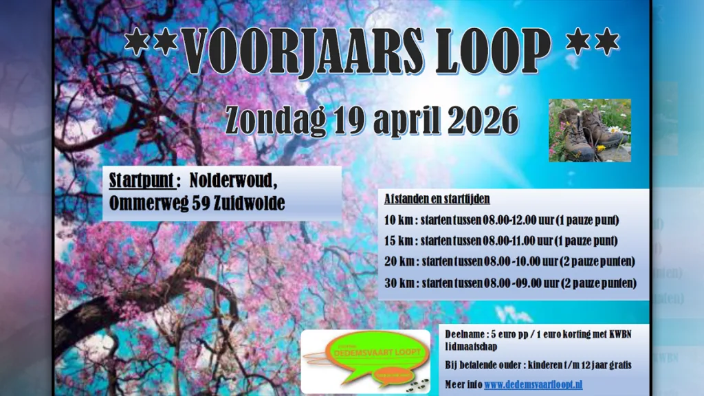 Wandelschoenen aan: Voorjaarsloop Zuidwolde op 19 april Wandelschoenen aan: Voorjaarsloop Zuidwolde op 19 april